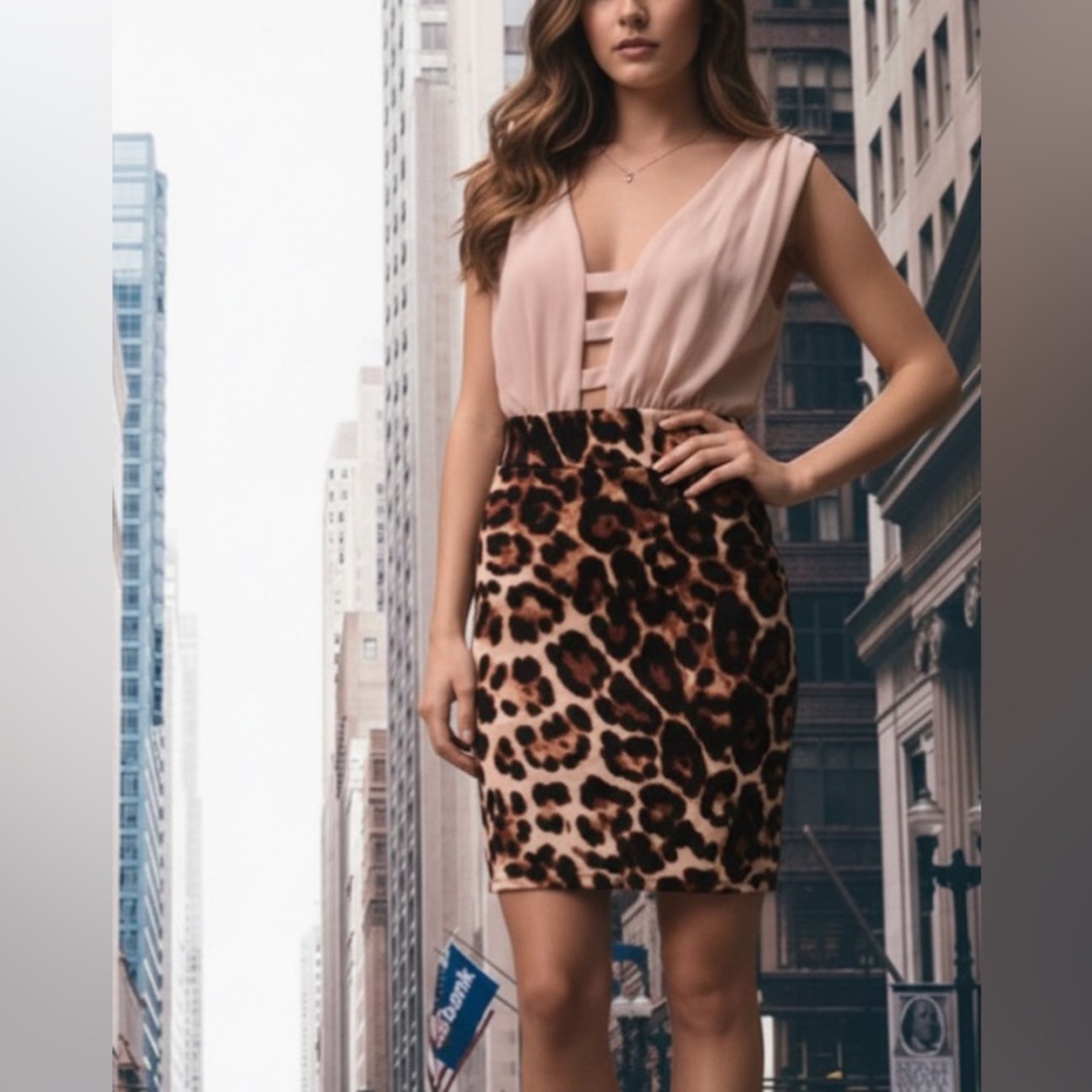 Monaco Leopard print cream & brown mini sleeveless dress size Lg